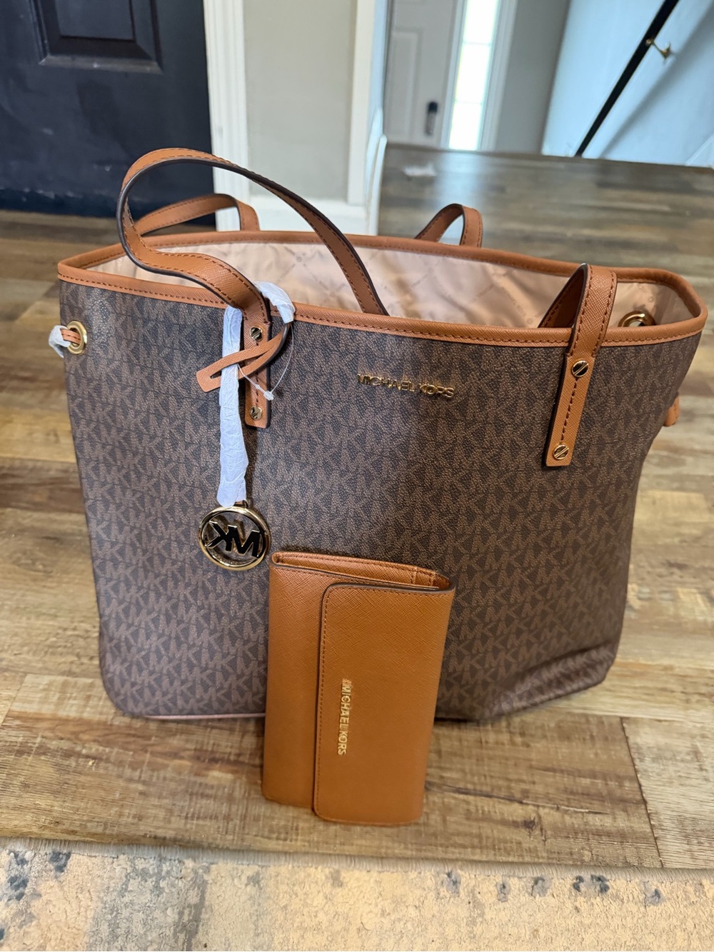 Michael Kors Brown and Tan Signature Tote with Matching Tan Wallet